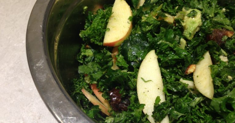 How To: Healthy Side – Kale and Apple Salad with Havarti, Almonds, Dates, and Avocado