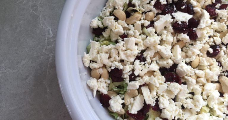 How To: Healthy Side – Shredded Brussels Sprout Salad with Feta, Dried Cranberries, and Cashews