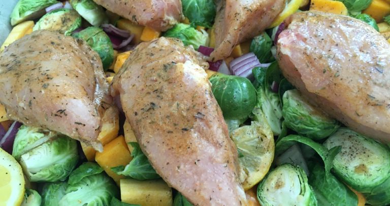How To: Quickie Meal – One Pan Roasted Chicken Breasts with Lemon, Brussels Sprouts, and Butternut Squash
