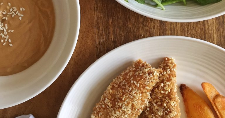 Sesame Turkey Strips with Peanut Dipping Sauce