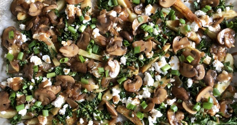 Vegetarian Poutine with Kale and Mushroom Gravy