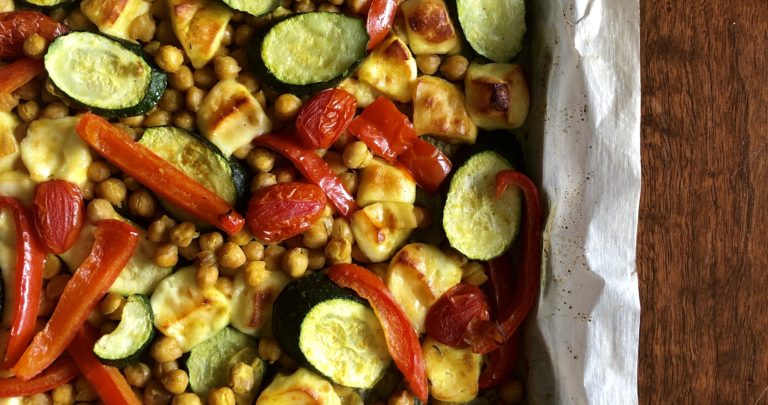 Curried Sheet Pan Chickpeas and Halloumi